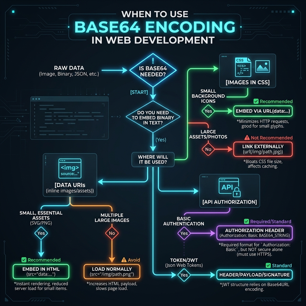 Flowchart showing when to use Base64 encoding in web development