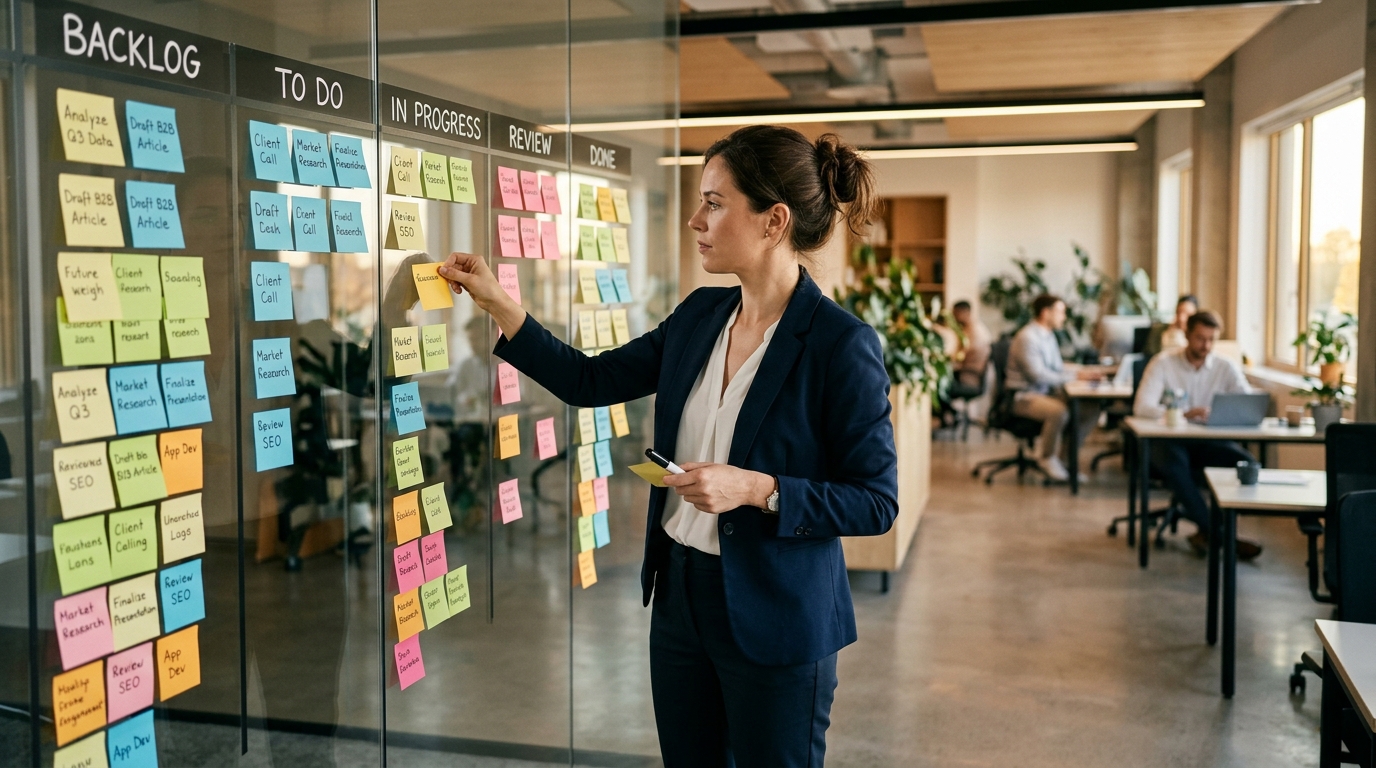 A professional organizing sticky notes on a glass Kanban board