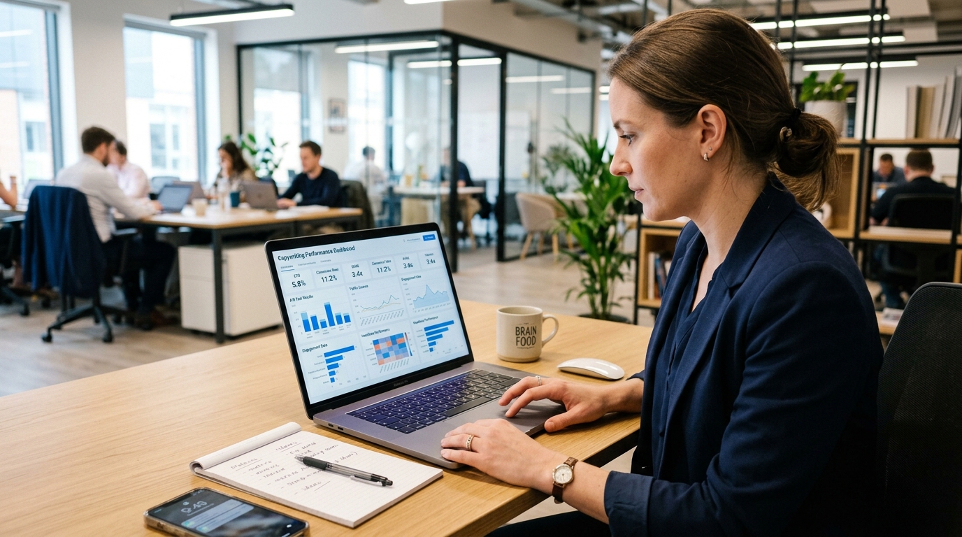 A professional analyzing copywriting data on a laptop