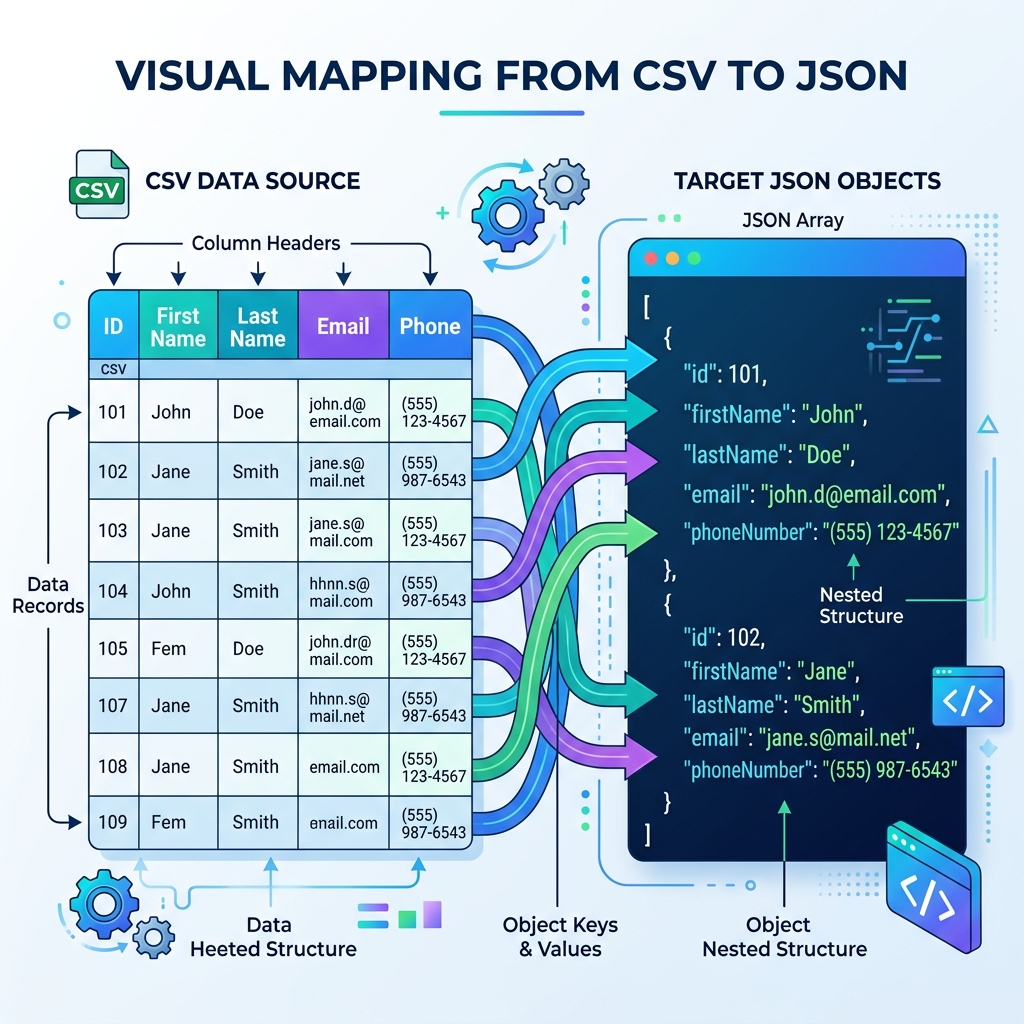 Visual mapping of CSV columns to JSON object keys