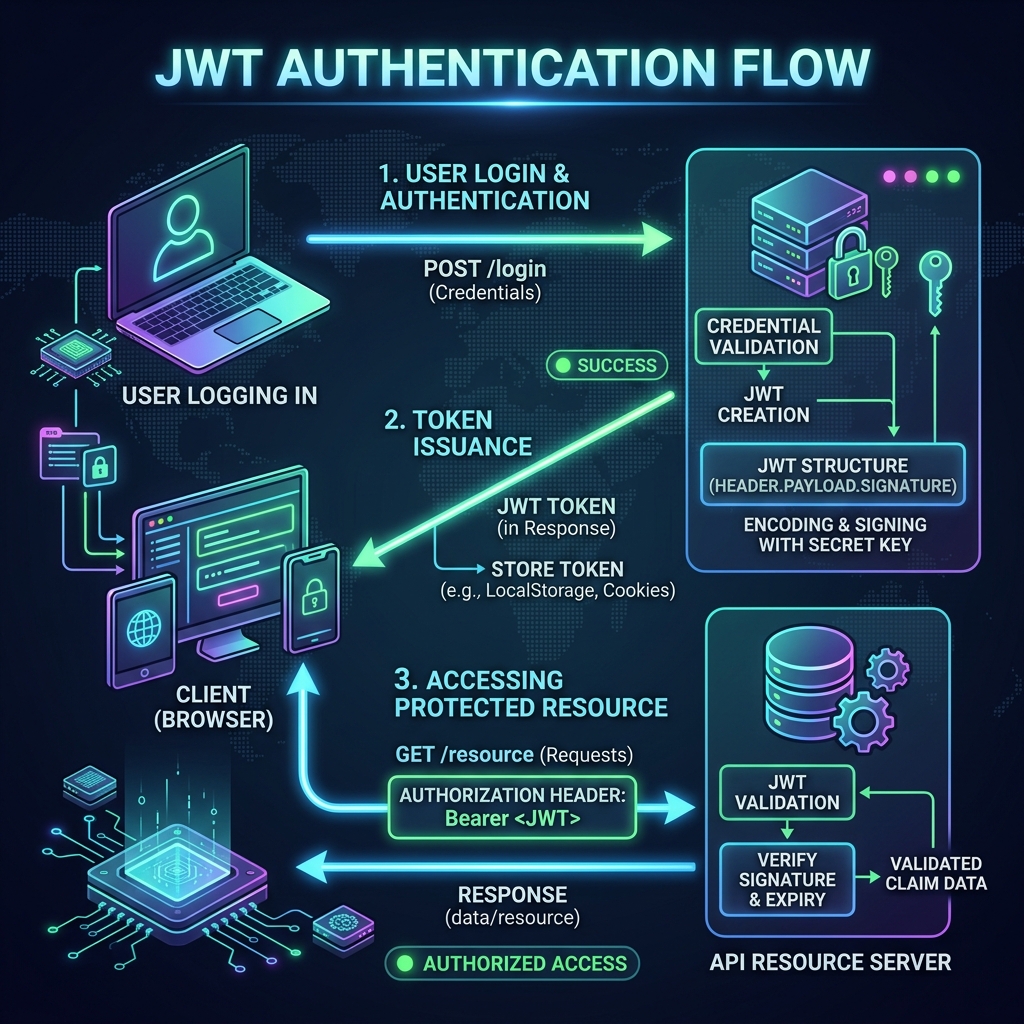 Security diagram explaining the JWT authentication flow between client and server