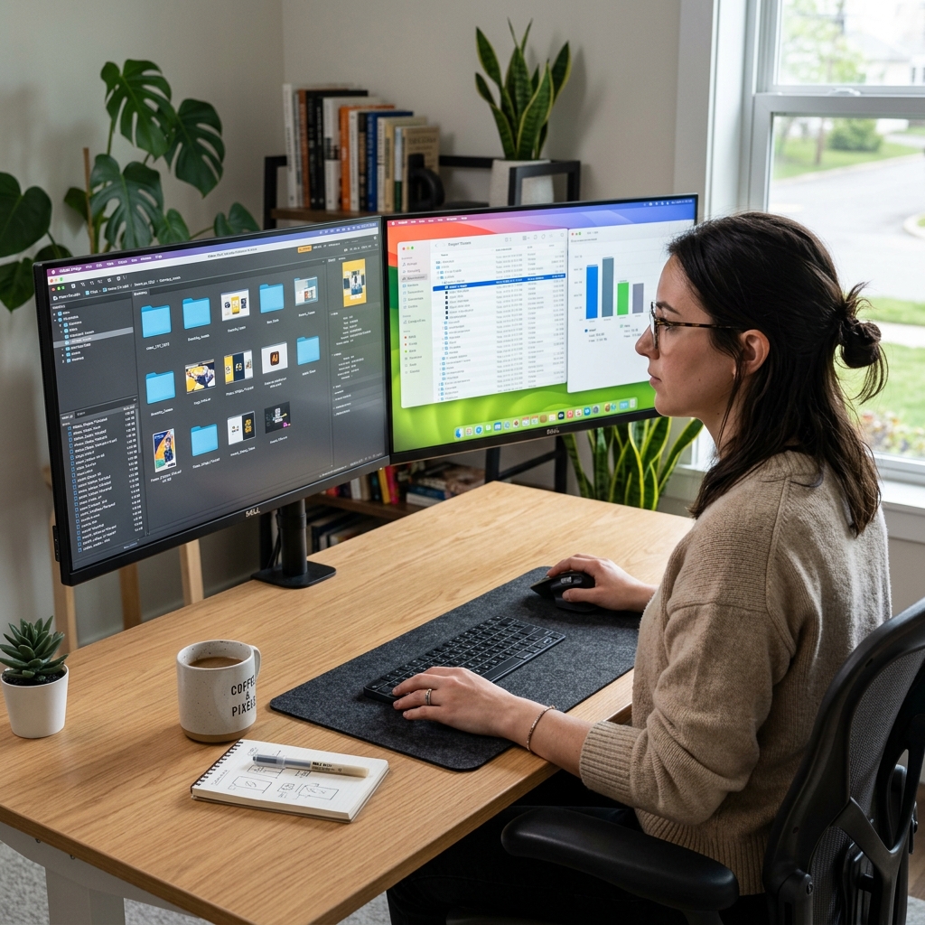 Graphic designer compressing files on dual monitors