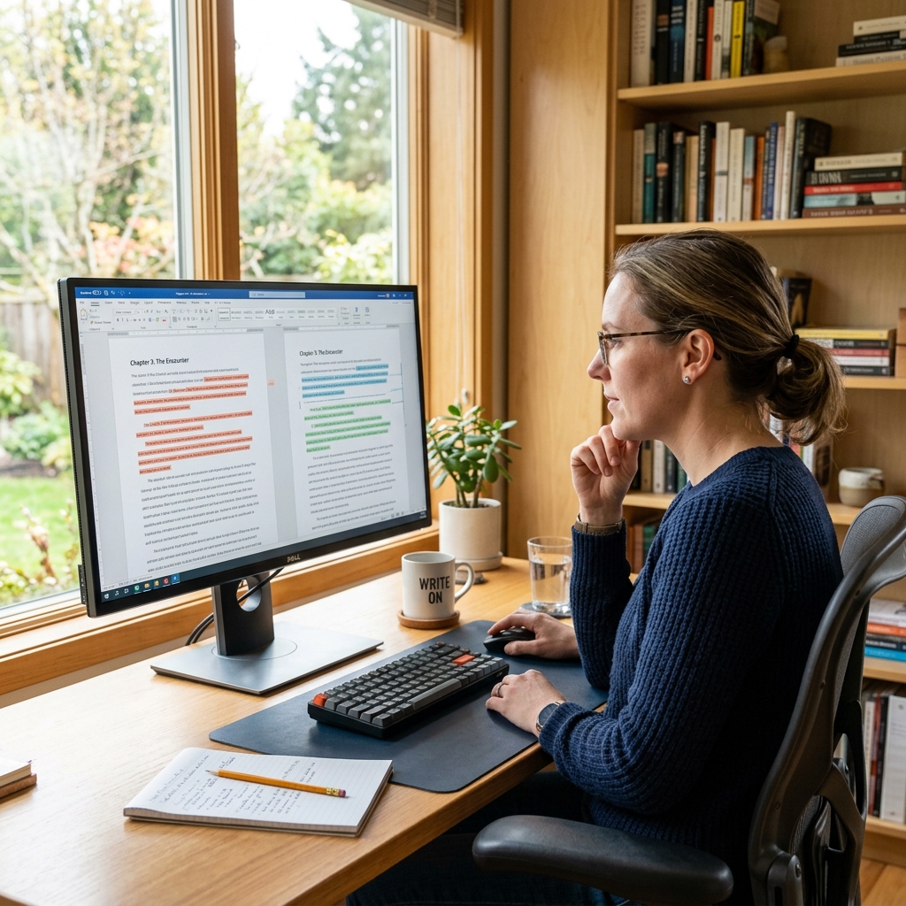 Writer checking document revisions on a monitor