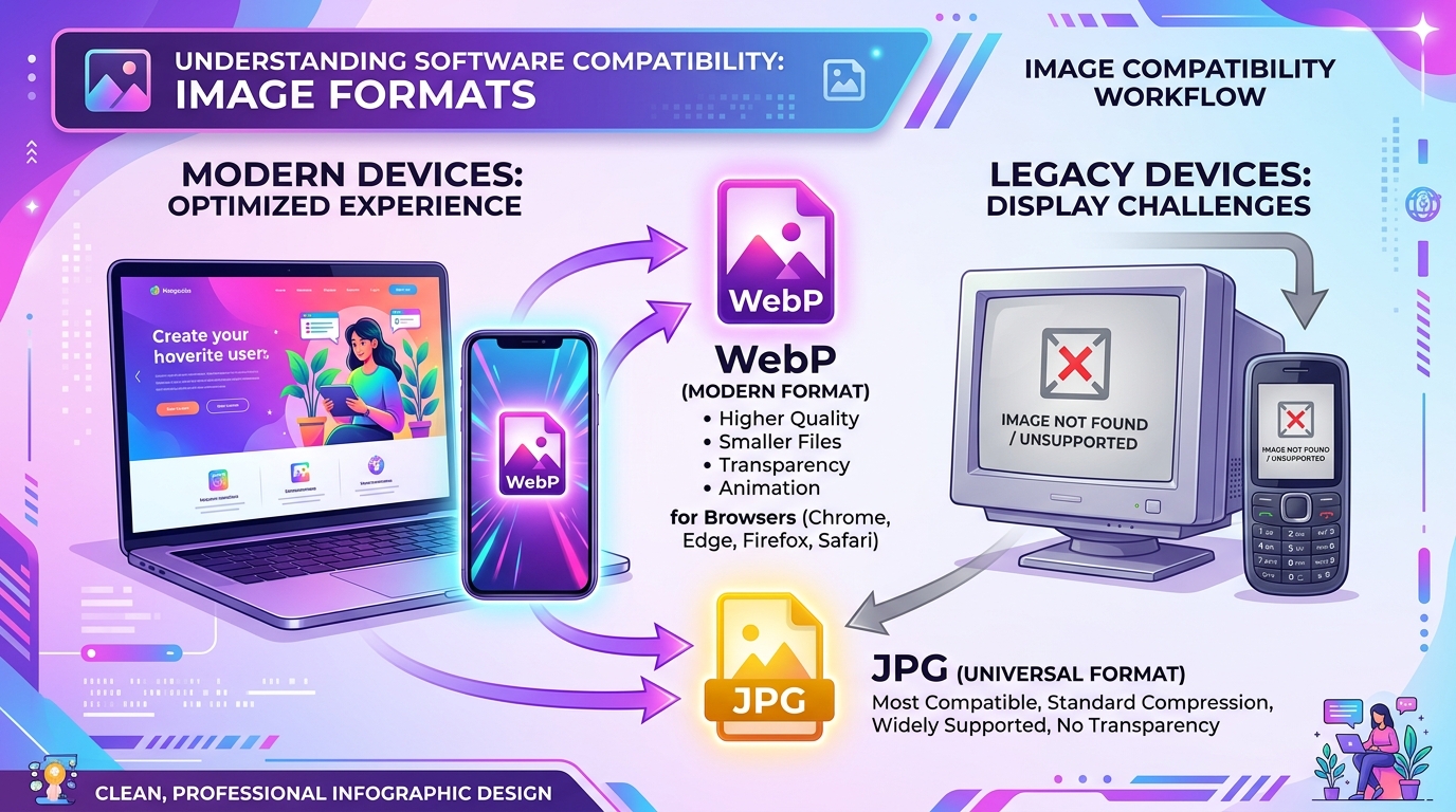 Infographic showing WebP rendering perfectly on modern browsers but failing on older legacy devices