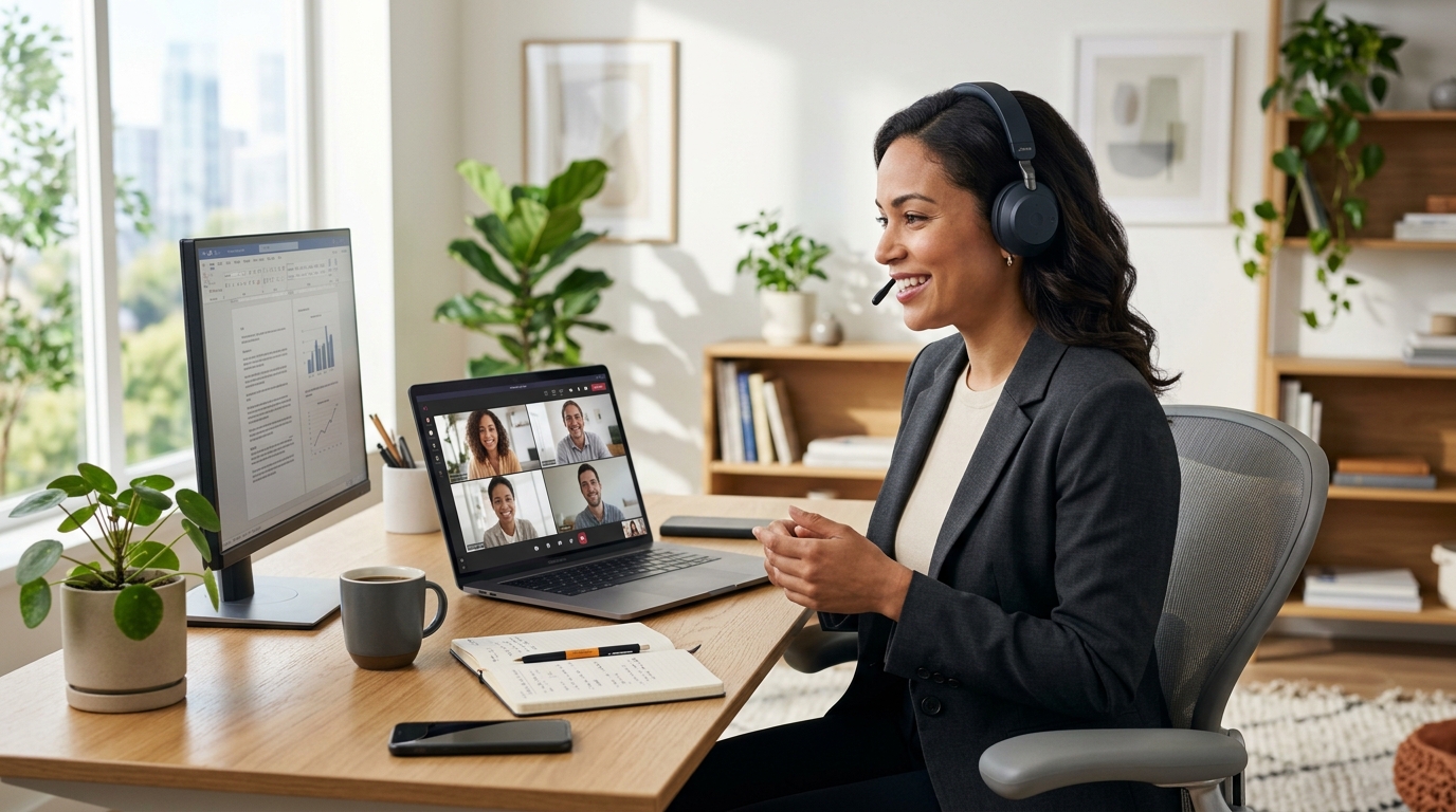 A professional taking a video call from their modern home office A professional taking a video call from their modern home office