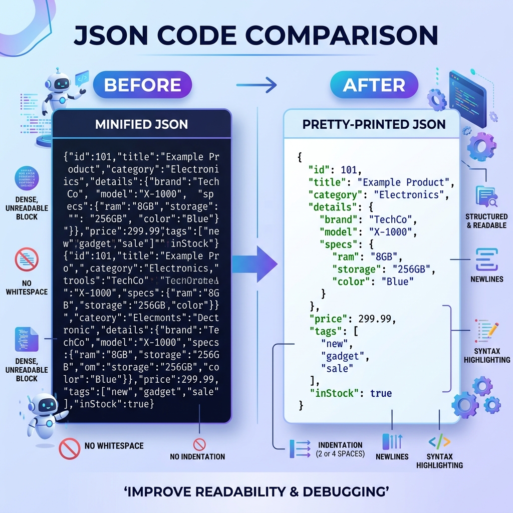 Comparison of minified JSON vs pretty-printed JSON structure Comparison of minified JSON vs pretty-printed JSON structure