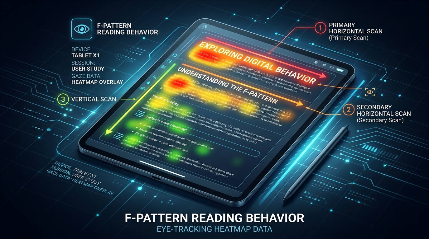 A visual diagram of the F-pattern reading behavior on a tablet A visual diagram of the F-pattern reading behavior on a tablet