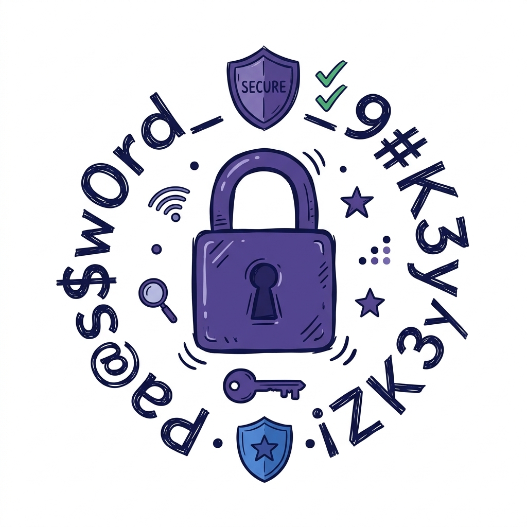 Illustration of a padlock surrounded by floating security symbols and random characters Illustration of a padlock surrounded by floating security symbols and random characters