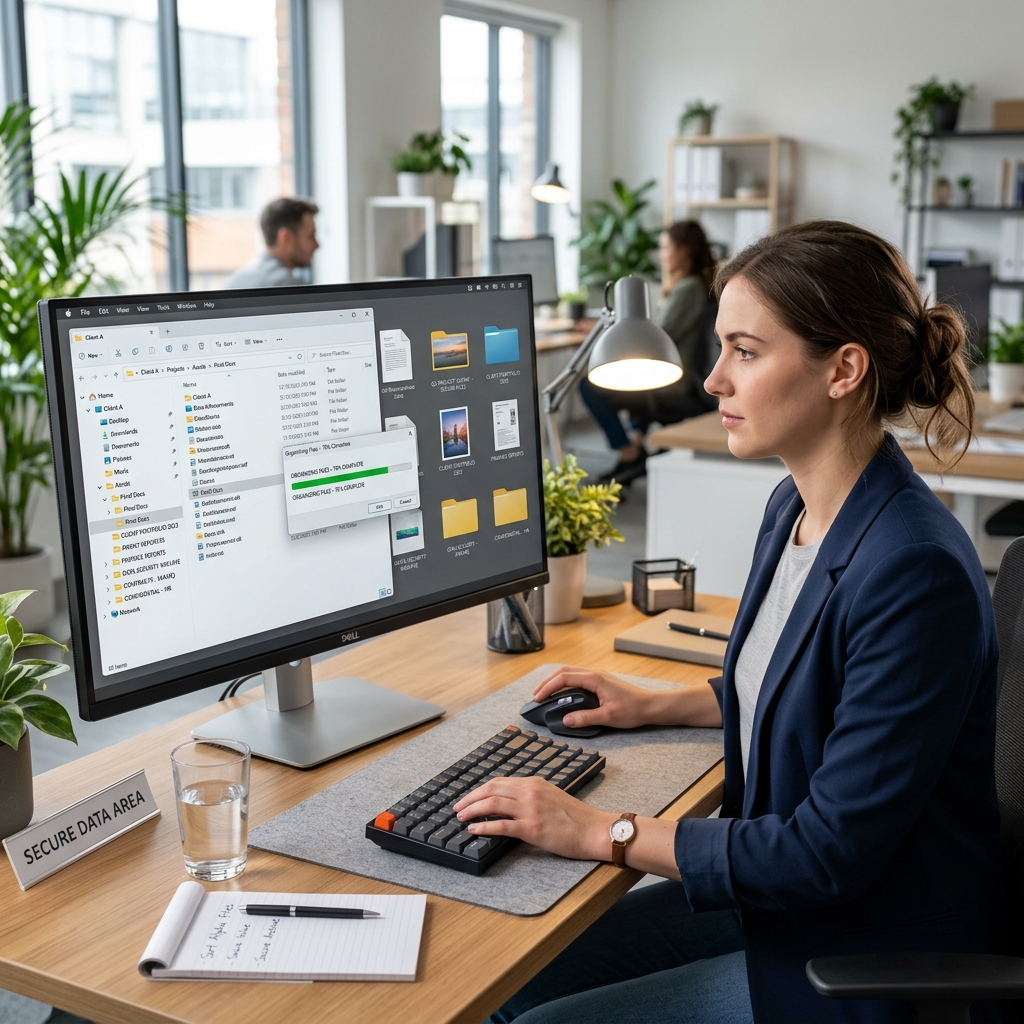 Office worker securely managing digital files on a monitor Office worker securely managing digital files on a monitor