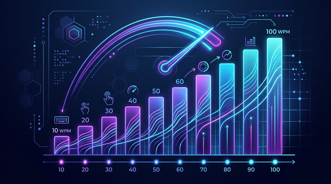 Abstract neon data visualization showing typing speed progression from 10 to 100 WPM Abstract neon data visualization showing typing speed progression from 10 to 100 WPM