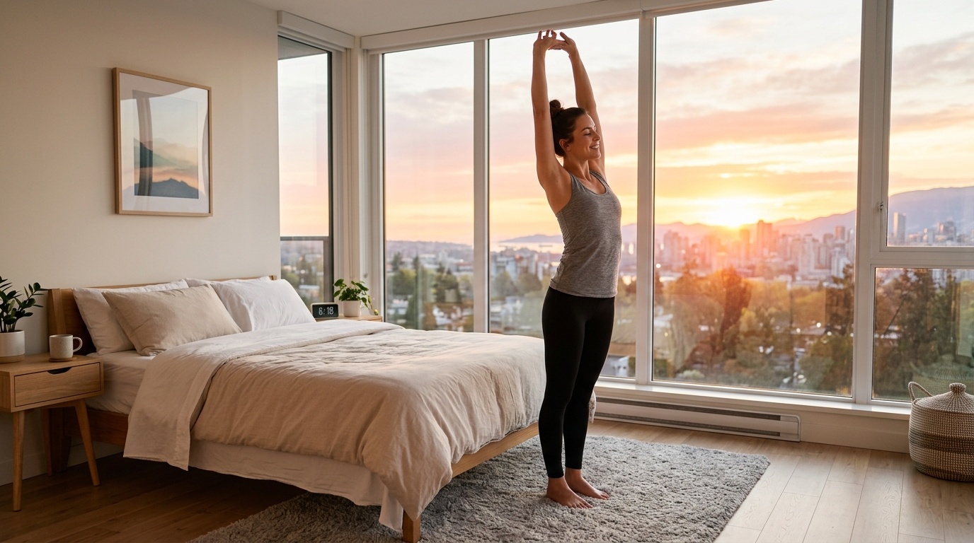 A healthy morning routine including stretching by a bright window A healthy morning routine including stretching by a bright window
