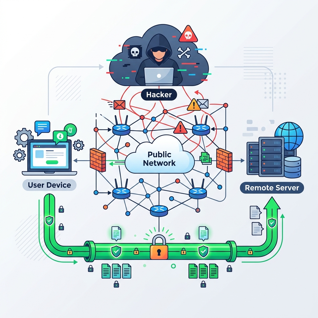 Visualization of VPN encryption securing data over a public Wi-Fi network Visualization of VPN encryption securing data over a public Wi-Fi network