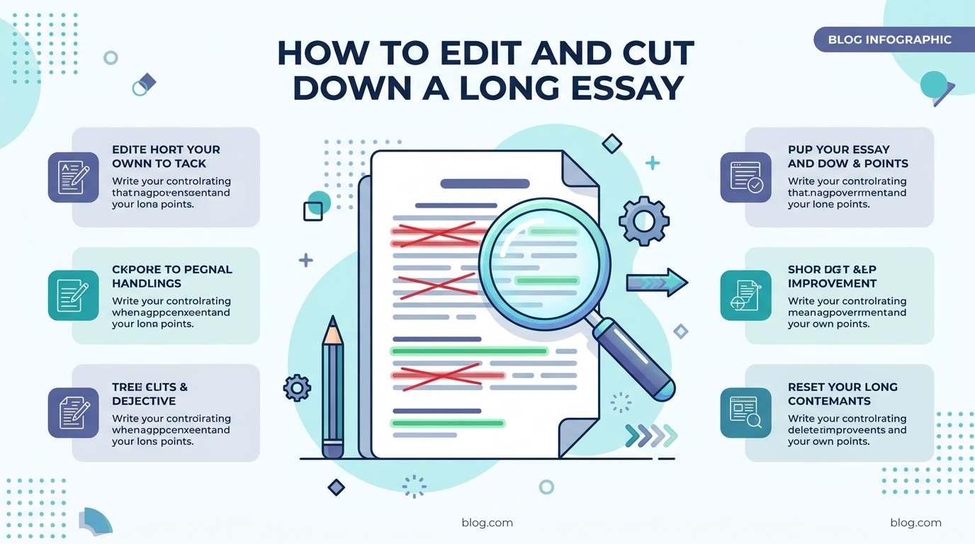 Infographic showing the process of editing and cutting down a long essay using a digital magnifying glass Infographic showing the process of editing and cutting down a long essay using a digital magnifying glass
