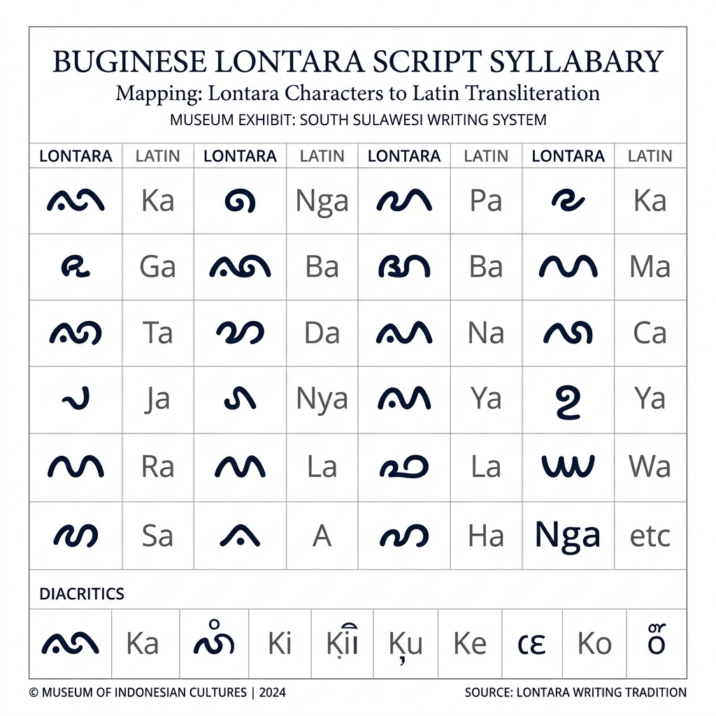 Buginese Lontara Syllabary Reference Chart mapping Latin phonetics to script