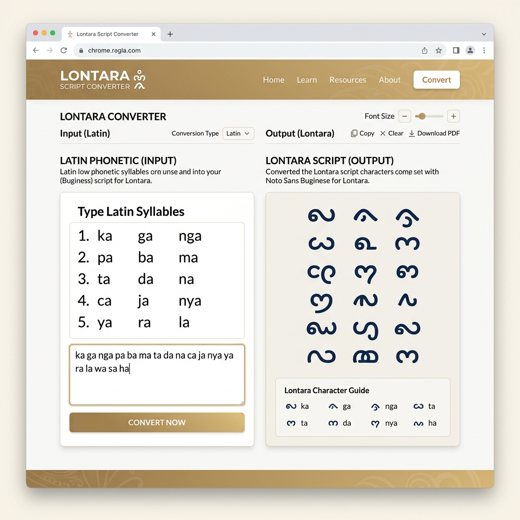 Buginese Lontara Script to Unicode Conversion Interface showing Latin syllables translated to Lontara characters