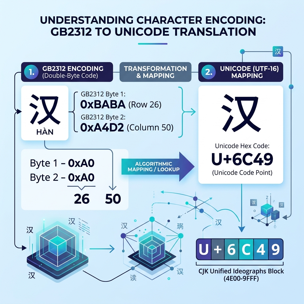 Mathematical translation of Chinese GB2312 legacy bytes to digital Unicode