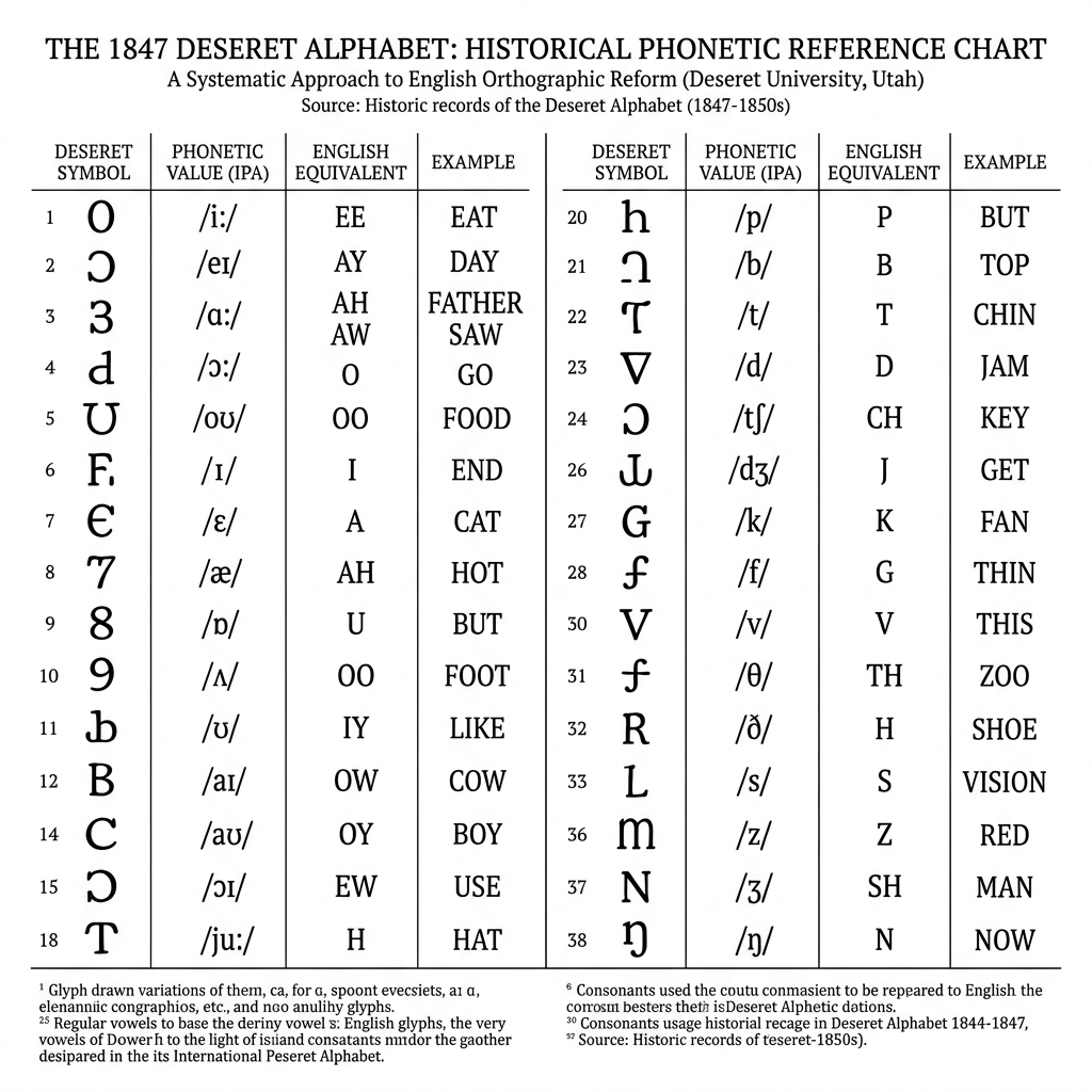 Deseret Alphabet Reference Chart mapping phonemes to 1847 Mormon characters