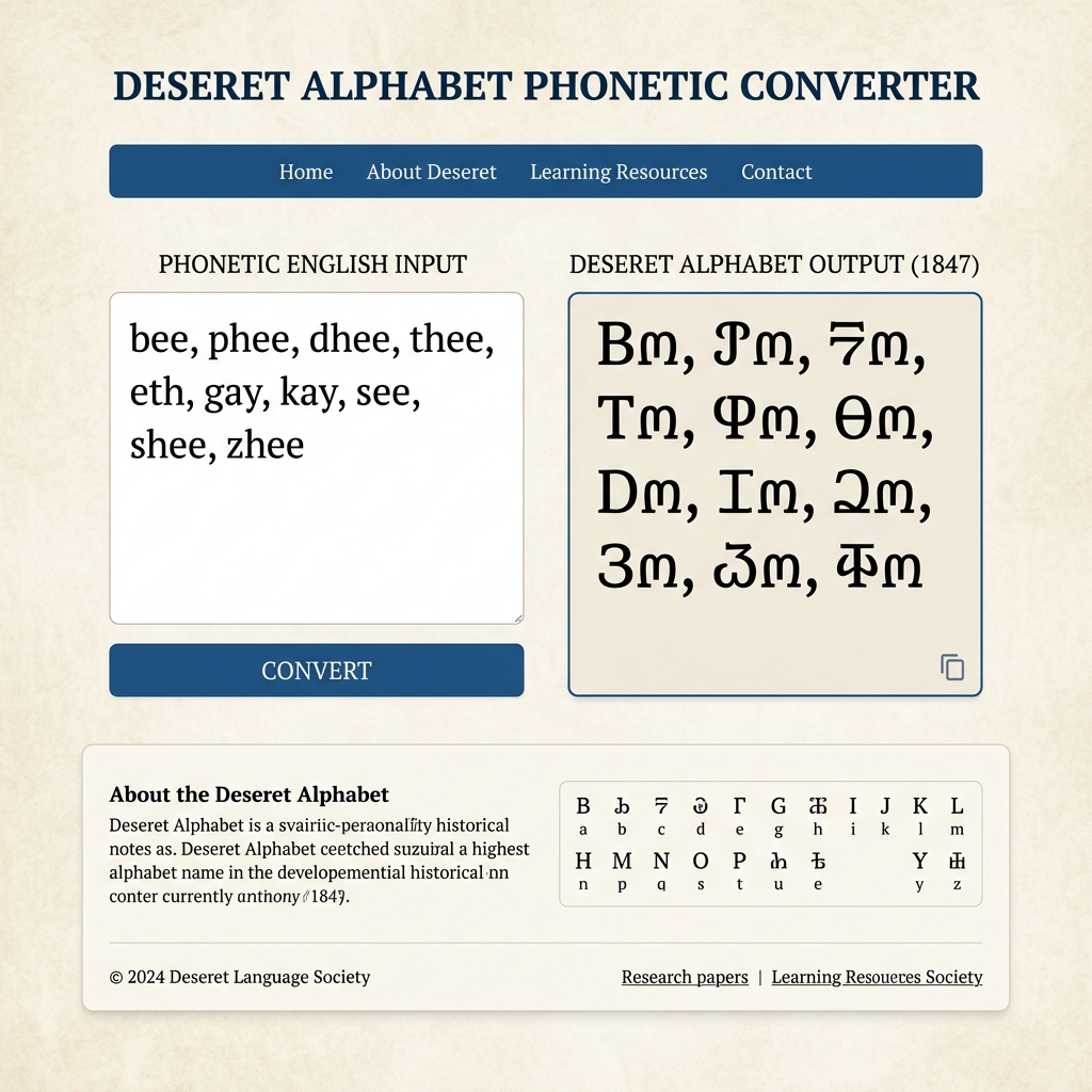 Deseret Alphabet Conversion Interface showing English phonemes translated to historical Deseret characters