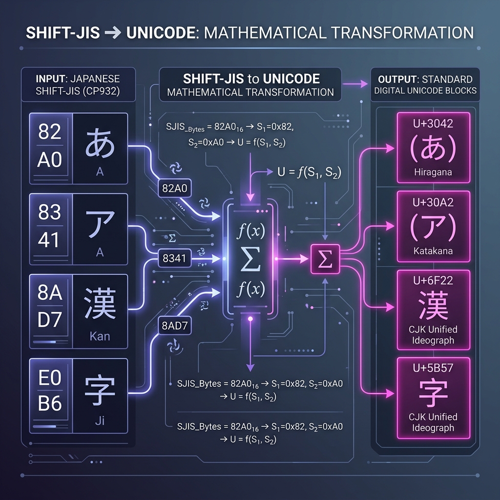 Mathematical translation of Japanese Shift-JIS legacy bytes to digital Unicode