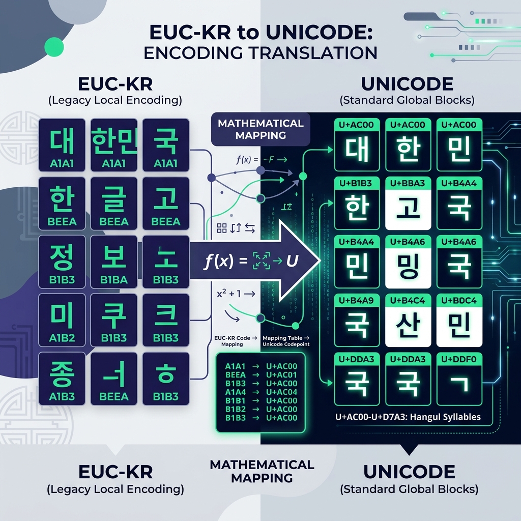 Mathematical translation of Korean EUC-KR legacy bytes to digital Unicode