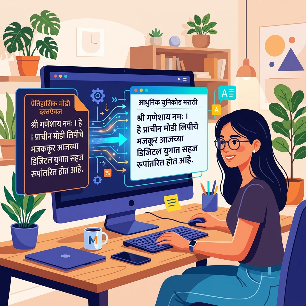 A flat-design 2D illustration in Canva style showing a digital conversion process for Marathi Modi legacy text transforming into modern web Unicode.
