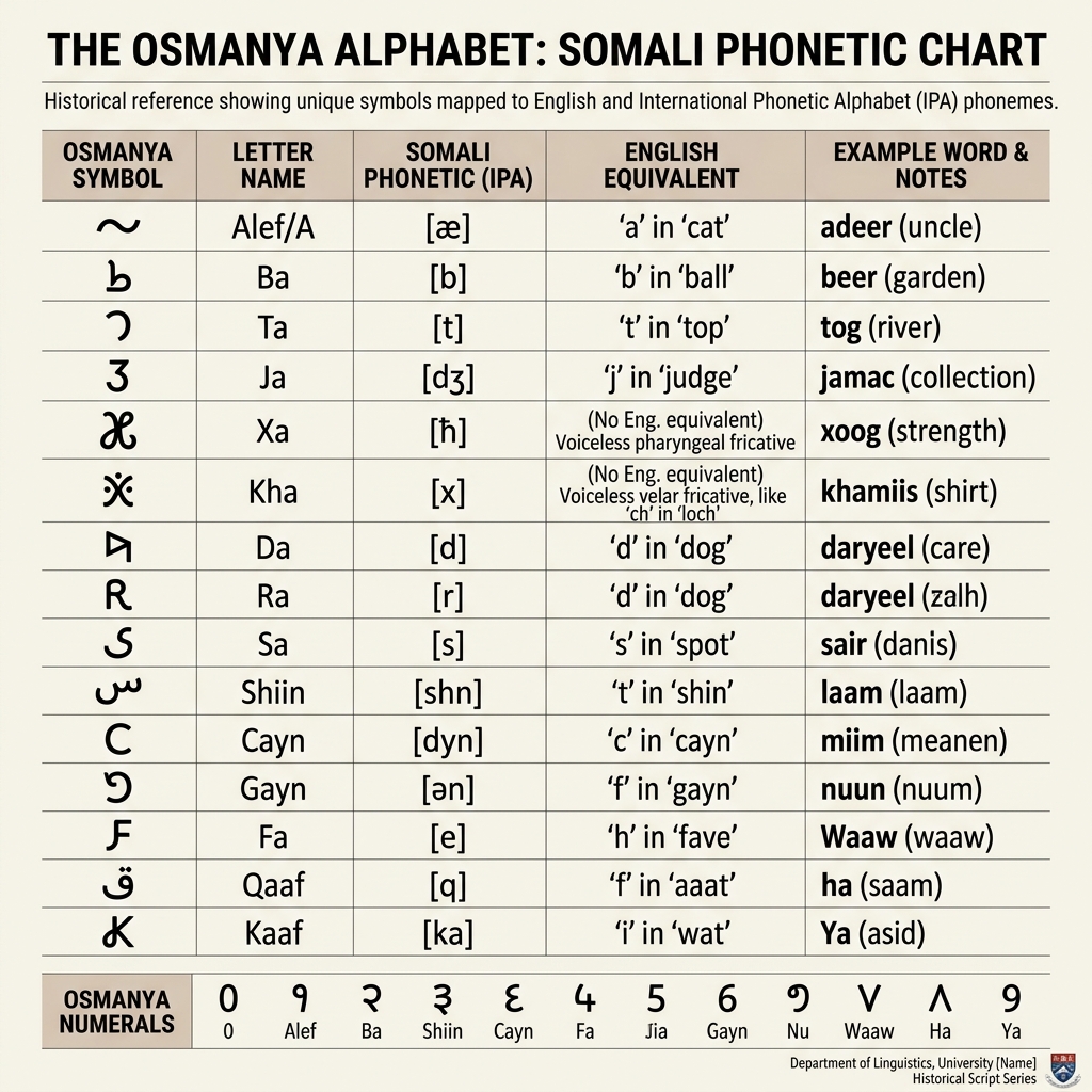 Osmanya Alphabet Reference Chart mapping Latin orthography to 1920s Somali characters