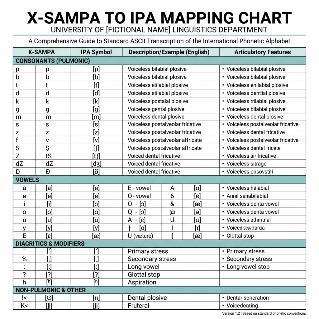 X-SAMPA to IPA Infographic Reference Chart showing ASCII phonemes mapped to International Phonetic Alphabet