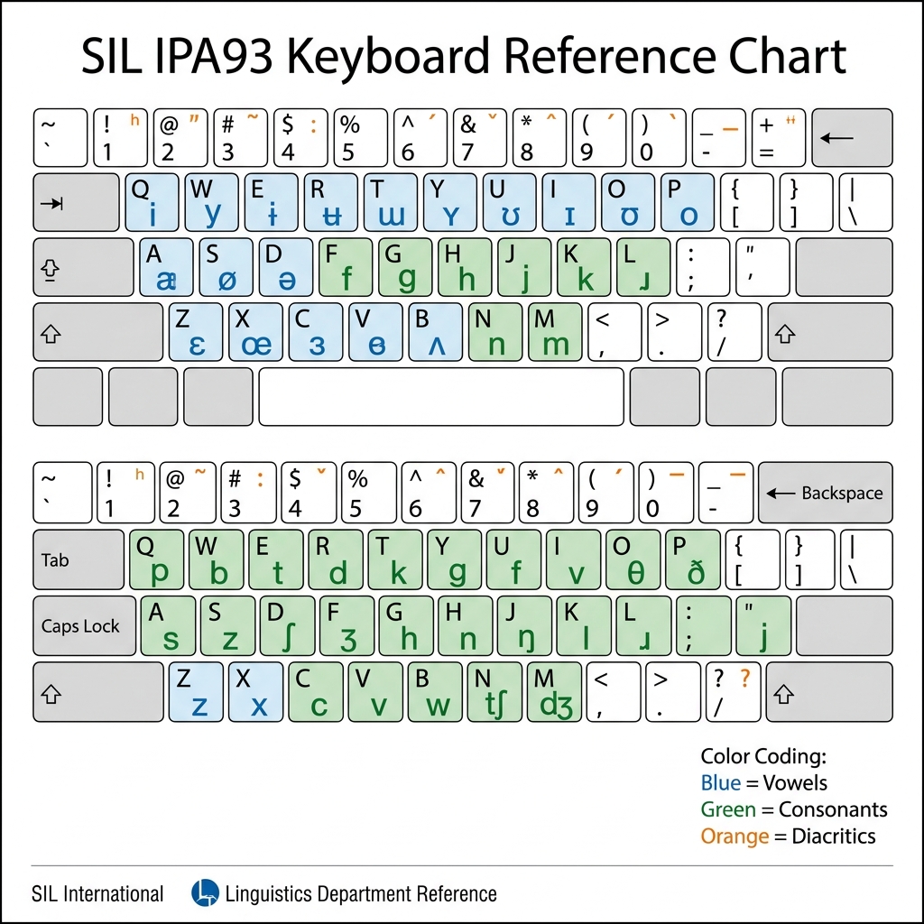 SIL IPA93 Font Keyboard Reference Chart showing key-to-IPA symbol mappings