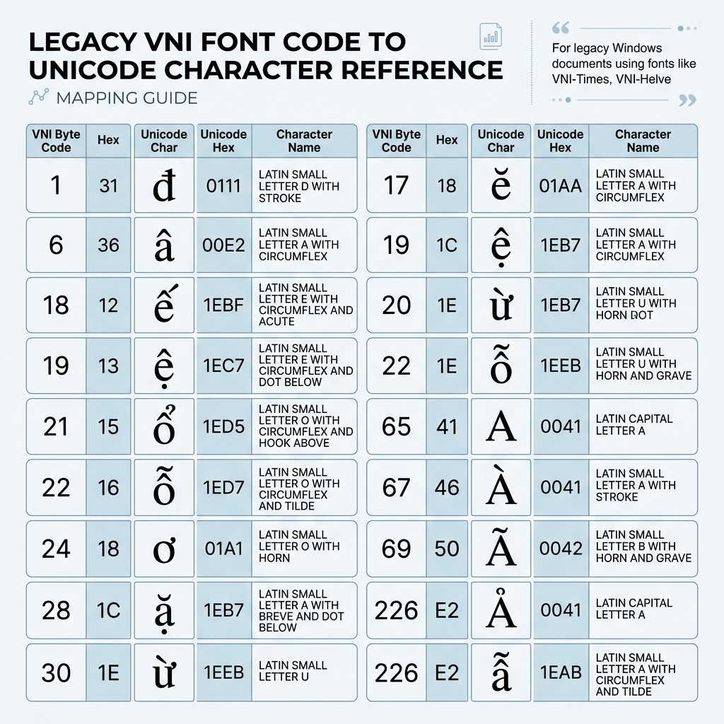 Vietnamese VNI Font to Unicode Encoding Infographic Reference Chart