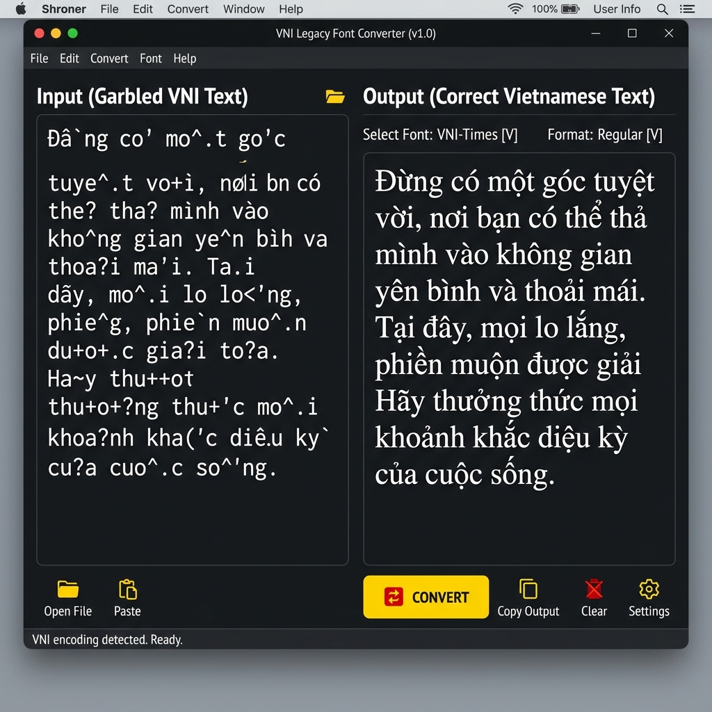 Vietnamese VNI to Unicode Conversion Interface showing garbled text decoded to proper typography